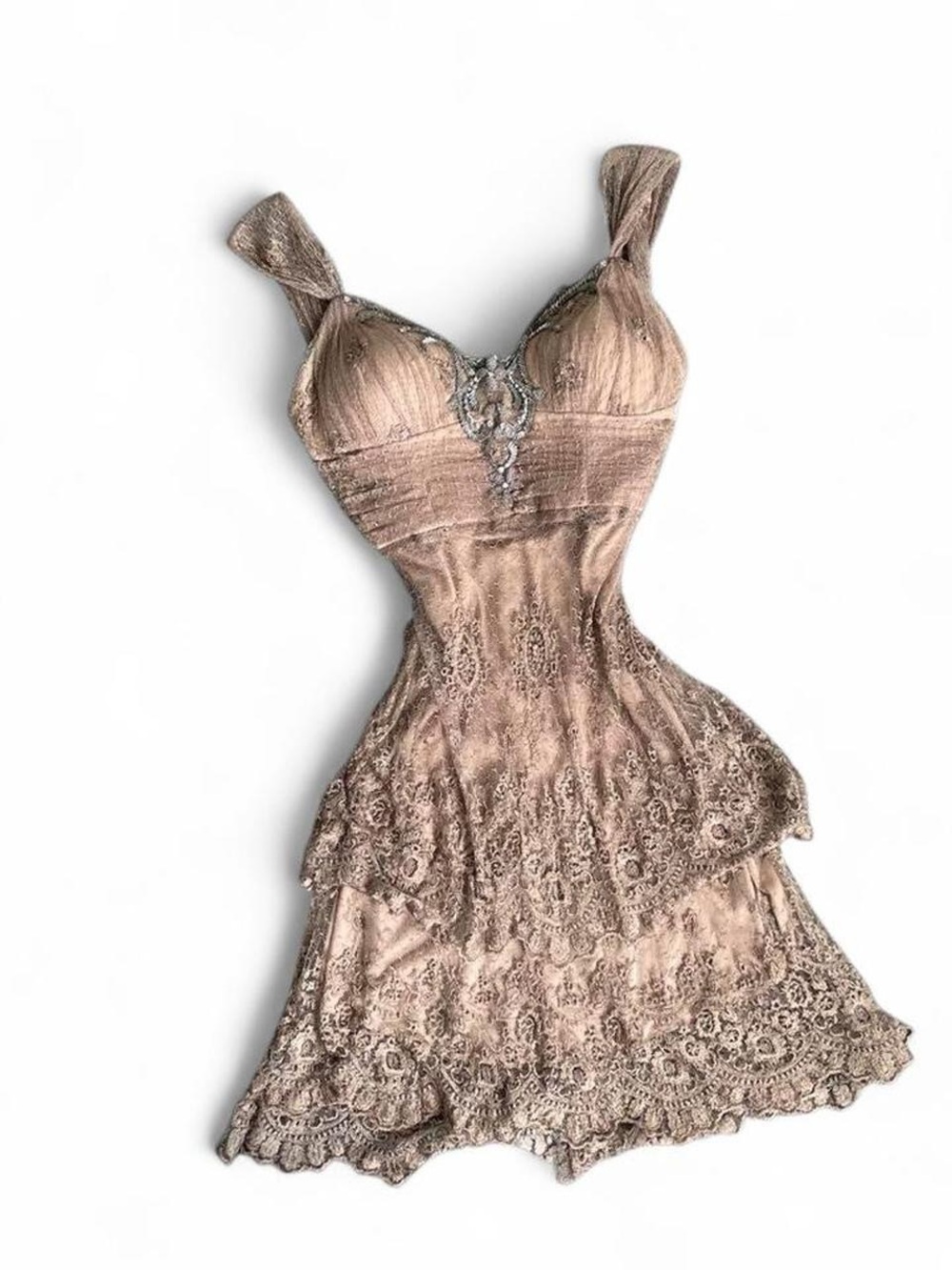 Vintage Euro Nina Austin Brown  Beaded Lace Open Back Midi dress